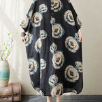 Loose Three-quarter Sleeves Buttoned Flower Print Stand Collar Midi Dresses