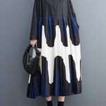 A-Line Long Sleeves Contrast Color Pleated Printing Split-Joint Polo Midi Dresses