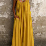 A-Line Loose Pleated Pockets Ruffled Solid Color Split-Joint U-Neck Maxi Dresses