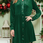 Green Long Sleeve Ruffle Velvet Button Up Shirt Dress