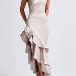 YES I DO Satin One Shoulder Ruched Slit Ruffles Maxi Dress