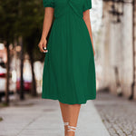 A-Line High Waisted Elasticity Knot Pleated Solid Color Split-Joint V-Neck Midi Dresses