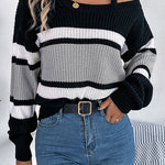 Striped Contrasting Metal Buckle Loose Long-sleeved Knitted Sweater