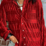 WOMEN'S SHIRRED VELVET BUTTON DOWN TOP