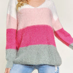 Striped Colorblock V Neck Knitted Fuzzy Sweater