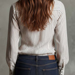 Vintage Cotton Stripe Ruffle V-Neck Button-Down Blouse