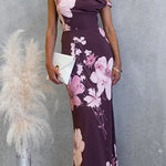 Asymmetrical Shoulder Floral Print Maxi Dress