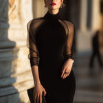 Sheer-Sleeve High-Neck Cocktail Dress