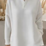 Casual Henley Neck Side Slit Button Waffle Pullover Top