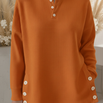Casual Henley Neck Side Slit Button Waffle Pullover Top