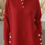 Casual Henley Neck Side Slit Button Waffle Pullover Top