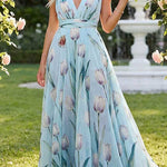Deep V Neck Sleeveless Floral Print Swing Maxi Dress