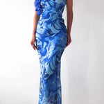 Margovil Ruffle One Shoulder Floral Print Bodycon Maxi Dress