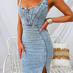 U Neck Zip Up Slit Denim Bodycon Cami Dress