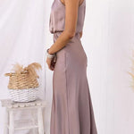 High Neck Sleeveless Waisted Satin Midi Dress