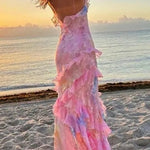 Margovil Spaghetti Strap Backless Ruffle Trim Printed Maxi Dress