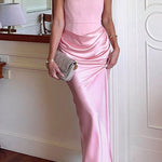 Margovil Strapless Ruched Satin Splice Bodycon Maxi Dress