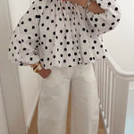 Lantern Long Sleeves Bow Back Slit Polka Dot Top