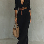 Margovil Lapel Long Sleeves Button Up Maxi Dress With Belt