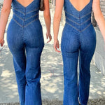 Margovil Zip Up Sleeveless Heart Back Bell Bottom Denim Jumpsuit