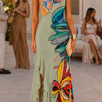 One Shoulder Sleeveless Floral Print Ruffle Slit Maxi Dress