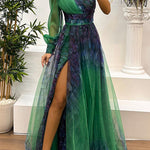 Margovil One Shoulder Long Sleeve Printed Mesh High Slit Maxi Dress