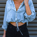 Margovil Long Sleeves Drawstring Hem Cropped Denim Shirt
