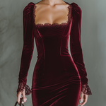 Women's Burgundy Velvet Lace Fitted Maxi Dress