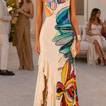 One Shoulder Sleeveless Floral Print Ruffle Hem Maxi Dress