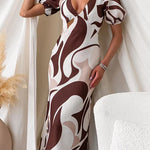 V Neck Puff Short Sleeves Printed Maxi Dress