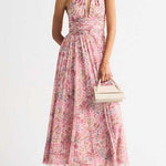 Halter V Neck Floral Print Maxi Dress
