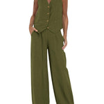 Women's Fashion Solid Color Vest Trousers Collage Stitching Cotton and Linen Casual Suit