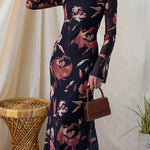 Round Neck Long Sleeves Floral Print Maxi Dress