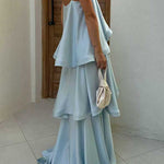 Margovil Adjustable Strap Ruffle Layered Satin Maxi Dress
