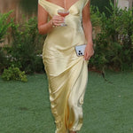 Margovil Off Shoulder Backless Cut Out Satin Maxi Dress