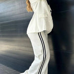 Margovil Color Block Open Front Blazer Elastic Waist Slit Wide Leg Pants Set