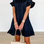 Ruffle Short Sleeves Button Up Shirt Dress