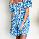 Blue Floral Puff Sleeve Babydoll Mini Dress