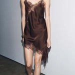 Elouise Satin Lace Trim V-neck Asymmetrical Hem Slip Mini Dress