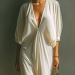 Women's Ivory Silky Fabric Deep V-Neck Maxi Dress With Puff Sleeves & Side Slit