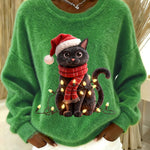 Women's Vintage Christmas Black Cat Print Sweater
