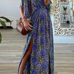 Bohemian Vintage Print Slit V Neck A Line Dresses