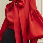 Puff Sleeves Bowknot Solid Color Stand Collar Blouses&Shirts Tops