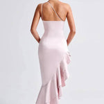 YES I DO Satin One Shoulder Ruched Slit Ruffles Maxi Dress