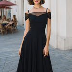 Off-Shoulder Mesh Panel A-Line Midi Dress