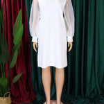 Puff Sleeves Beads Mesh Solid Color Split-Joint Round-neck Midi Dresses