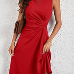 A-Line High Waisted Asymmetric Pleated Solid Color Split-Joint Round-Neck Midi Dresses