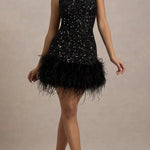 Dazzling and Playful Sequin High Neck Feather Trim Stretch Mini Dress