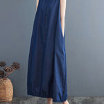 A-Line Loose Buttoned Pleated Solid Color Round-Neck Midi Dresses