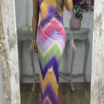 Irregular slanted shoulders blooming print slim dress